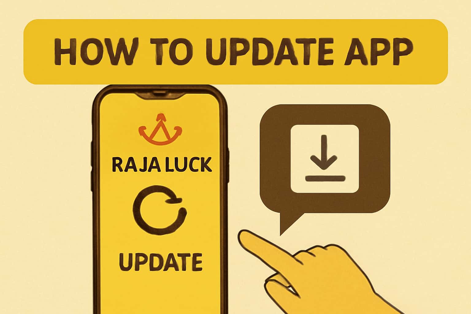 An informative graphic illustrating the process of updating the Raja Luck app.