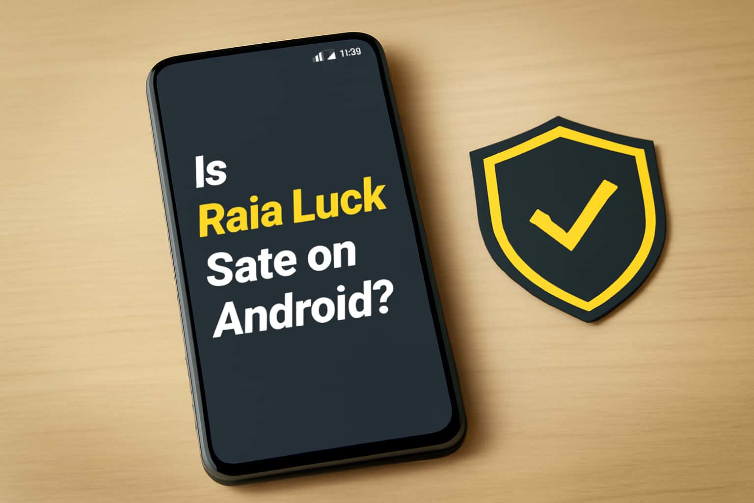 An informative scene regarding the safety of Raja Luck on Android devices with visible text.