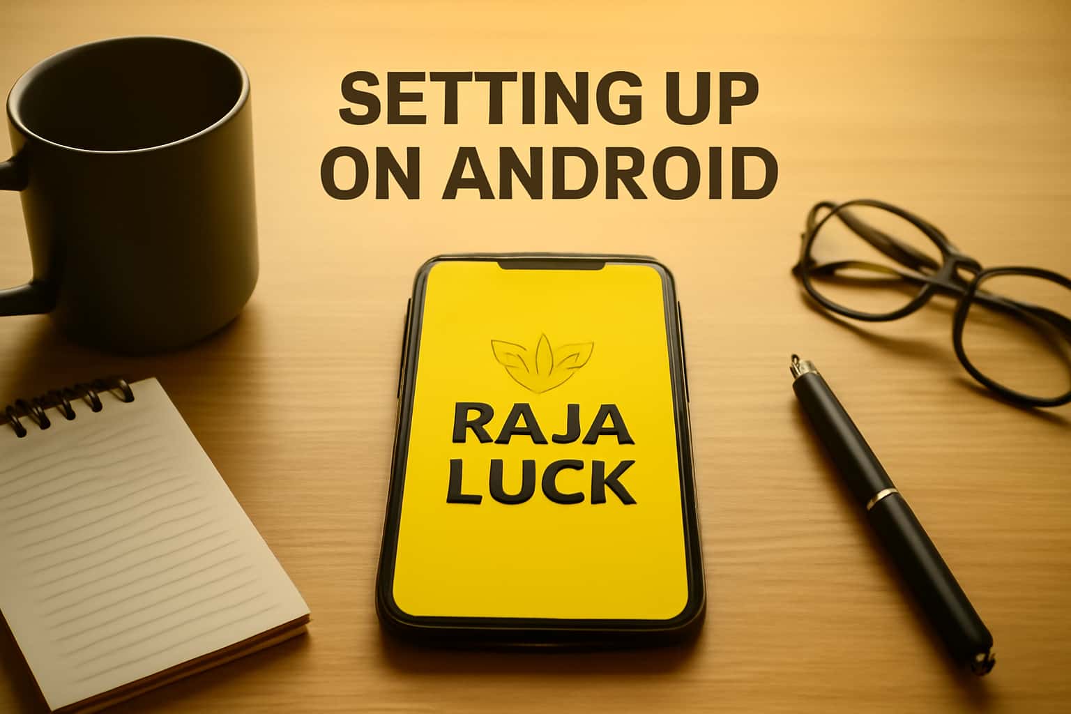 A high-tech scene illustrating the setup process for Raja Luck on Android with the text 'Raja Luck'.