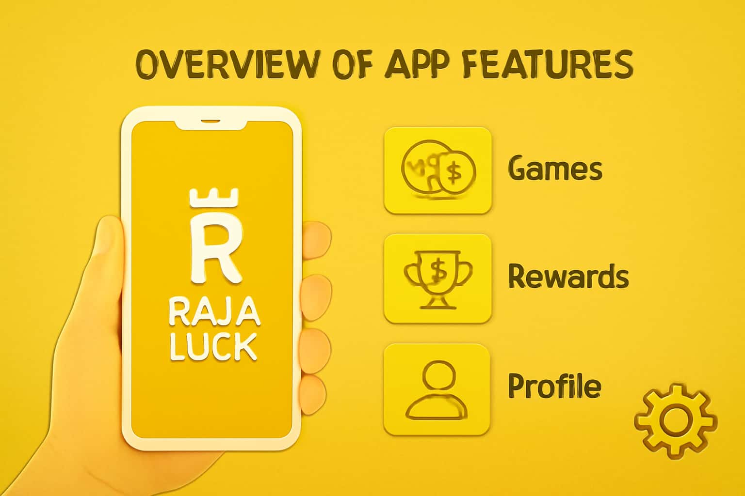 An informative graphic illustrating features of the Raja Luck app with the app's name clearly visible.